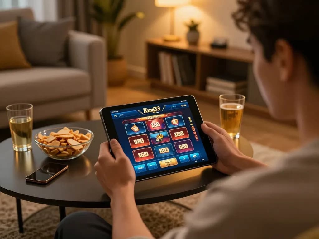 Person engaged in the king33 online casino app on tablet, surrounded by snacks, showcasing responsible gaming.