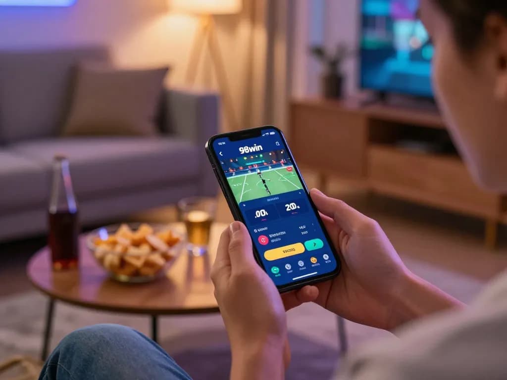 Engaging in mobile sports betting at trang chu 98win while enjoying a cozy home setup.