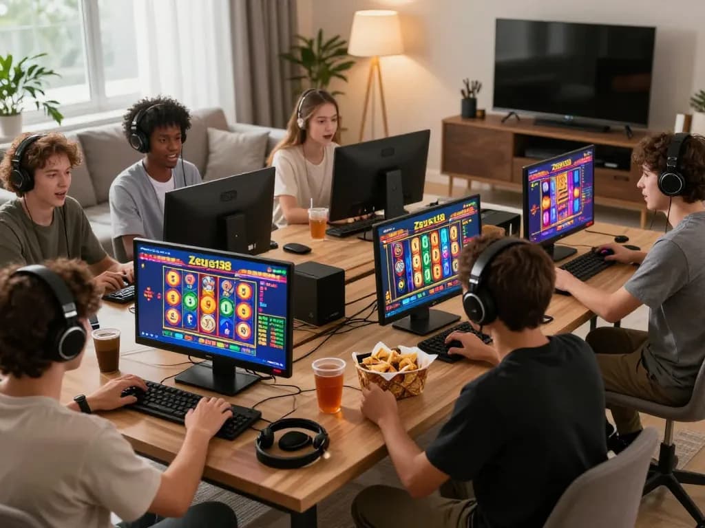 Excited players enjoying Zeus138 slot games in a vibrant, modern living room setting with gaming accessories.