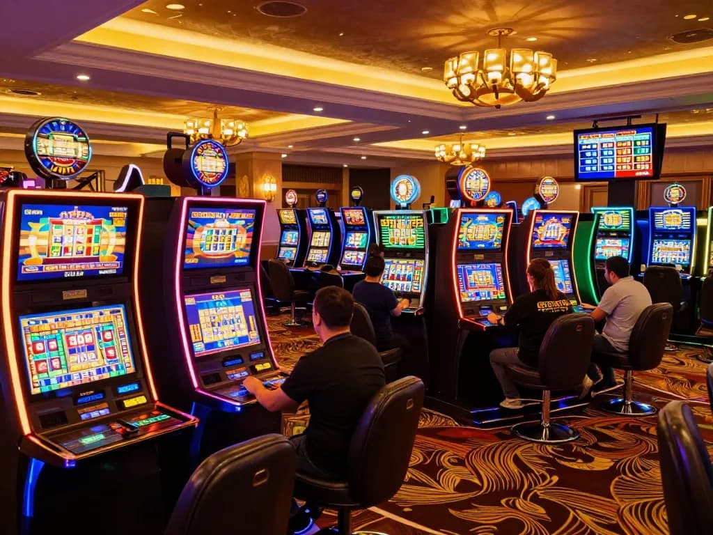 b52club players experiencing dynamic gameplay on colorful slot machines in a luxurious casino
