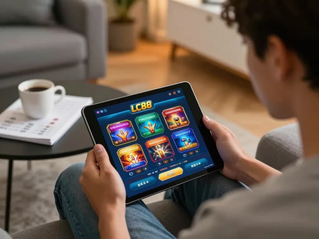 Engaged user playing on the LC88 mobile casino app, showcasing a dynamic gaming experience.