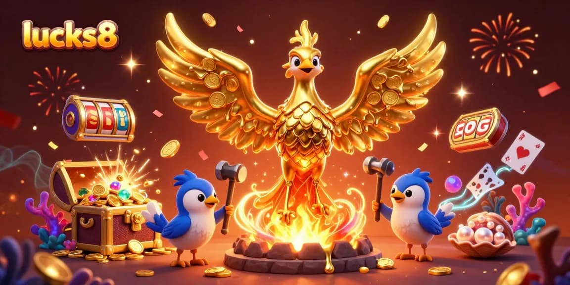 Experience the thrill of lucks8 with golden phoenix and jackpot treasures exploding in 3D illustration.
