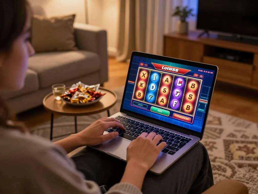 Người chơi hấp dẫn đang sử dụng ứng dụng lucks8 để quay slot trong không gian thoải mái tại nhà