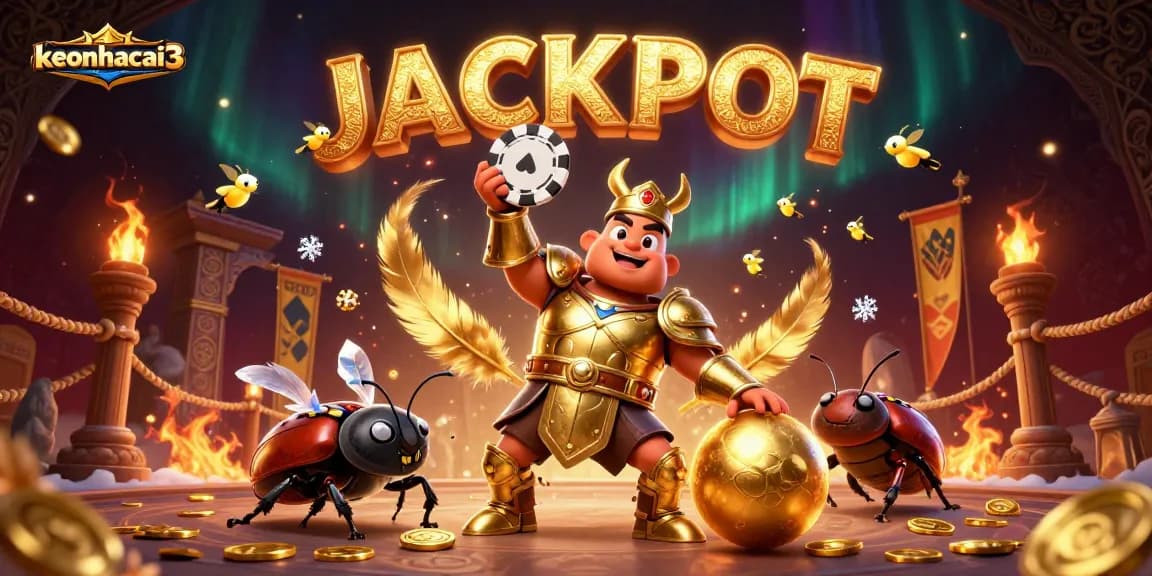 Betting wins await at keonhacai3 with the victorious beetle and golden elements in a casino-themed illustration.