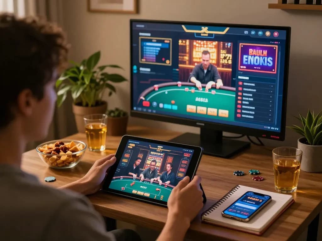 Player engaged in immersive gaming on webnk88, analyzing strategies on tablet in cozy home setup.