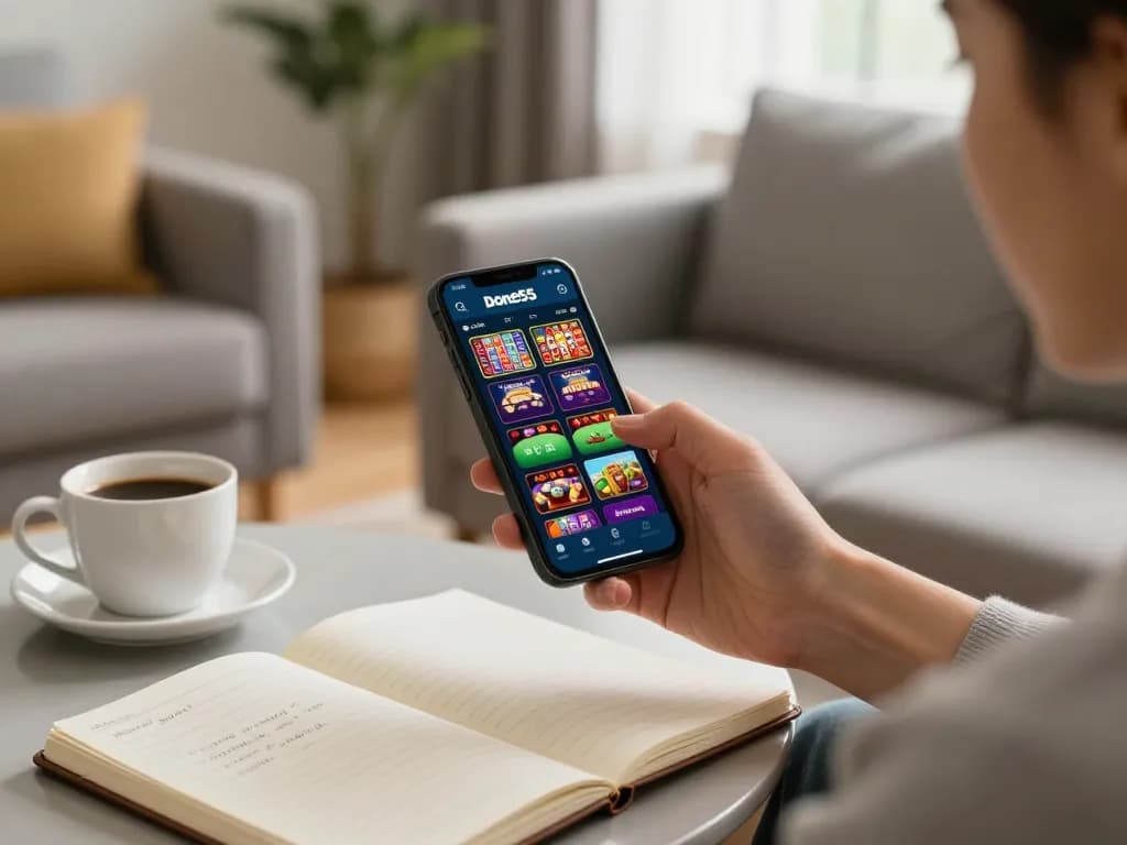 Player enjoying the Done55 app for mobile gaming on a cozy sofa, showcasing interface and strategy notes.
