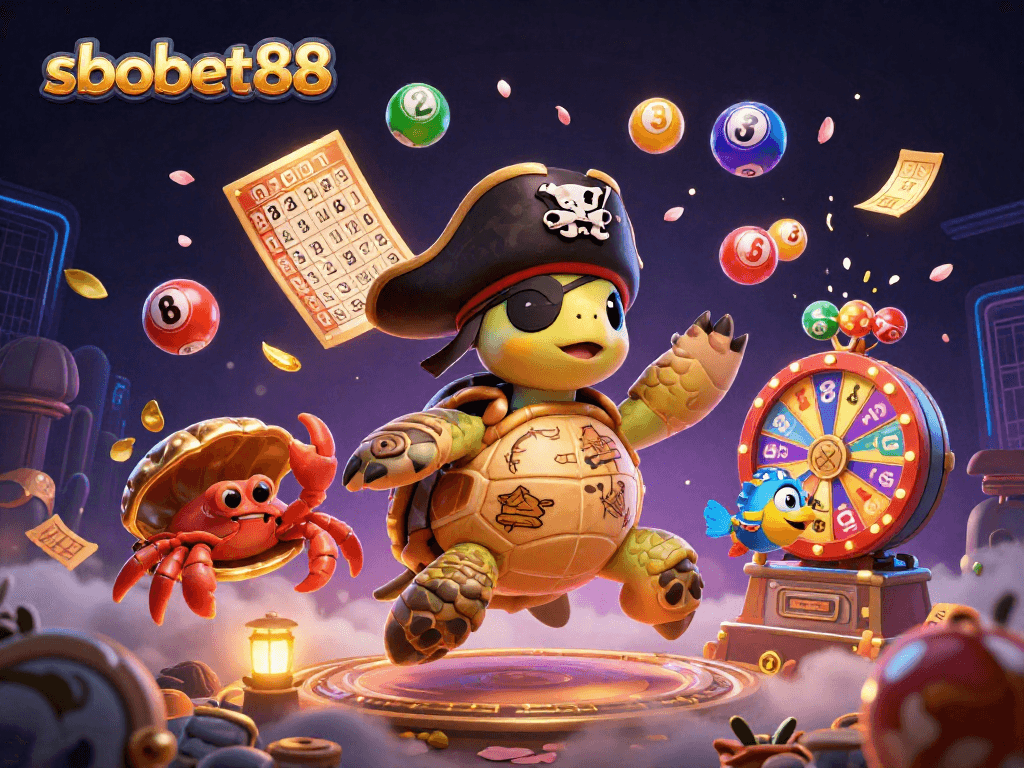Experience sbobet88's thrilling gaming adventure with vibrant characters and casino elements in a dynamic scene.