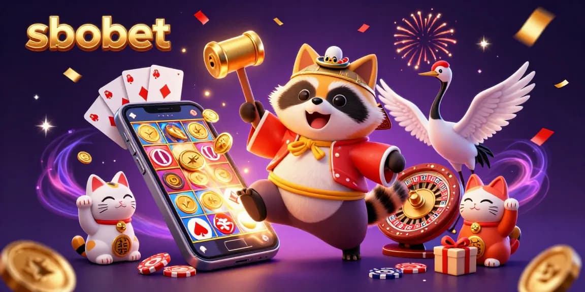 SBOBET's cheerful tanuki character celebrating gambling wins alongside vibrant game elements in a festive atmosphere.
