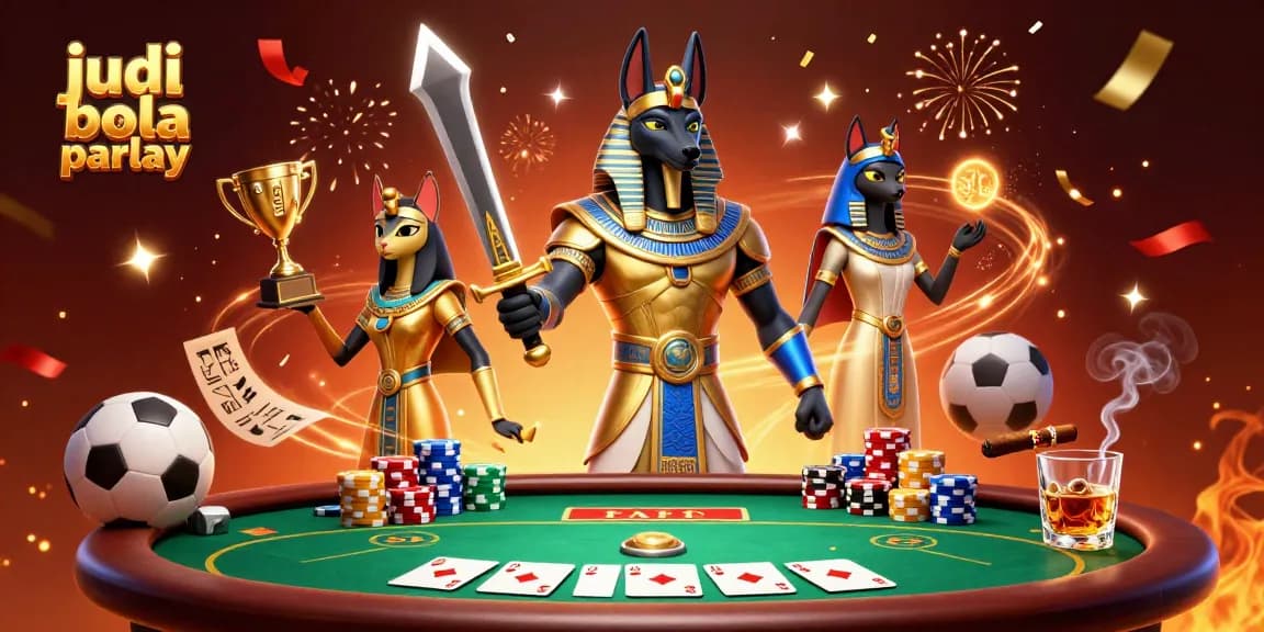 Engage in judi bola parlay with Anubis and Bastet amidst vibrant casino elements and sports betting features.