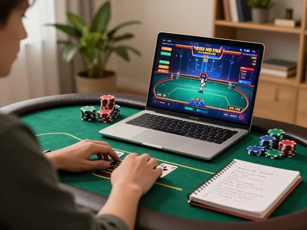 KONG88 players engaging in an online poker game, showcasing strategy and excitement in a cozy setting.