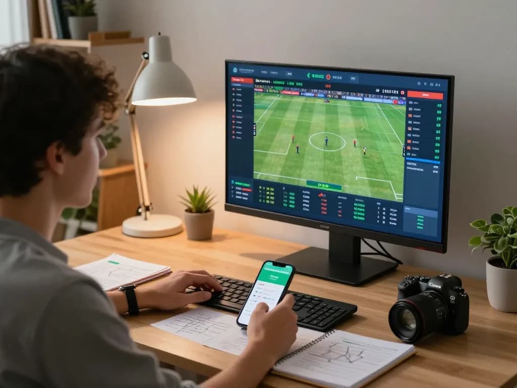 Engaged user analyzing betting odds on a screen for goldleafrestaurant virtual sports event.