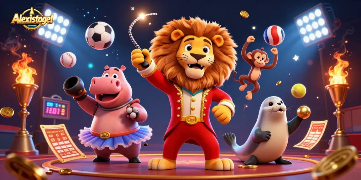 Alexistogel menghadirkan hiburan kasino dengan singa ringmaster 3D, badak, dan monyet dalam ilustrasi menakjubkan.