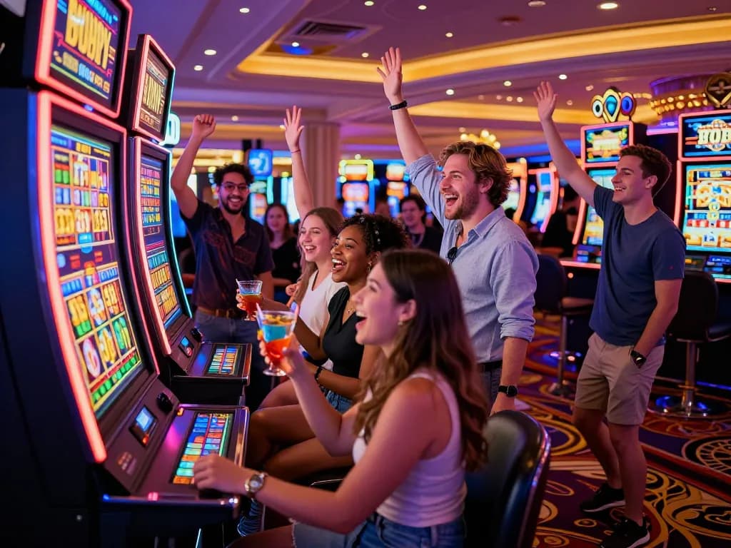 Group celebrating a jackpot win at a link slot machine in a vibrant casino.