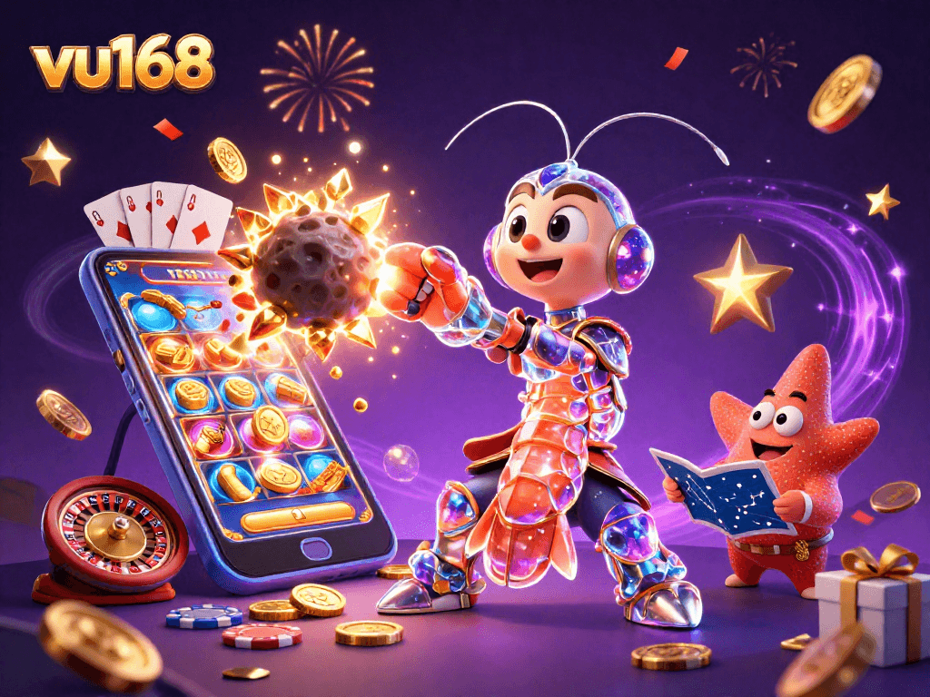 Experience thrilling gameplay at vu168 with a vibrant galactic samurai encountering golden gems in this energetic casino scene.
