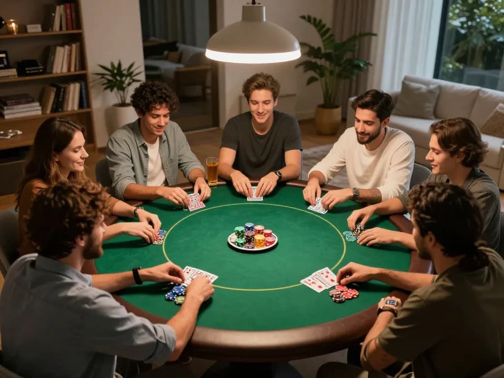 Friends enjoying a poker game night with tg88 branding visible, capturing a lively home gaming atmosphere.