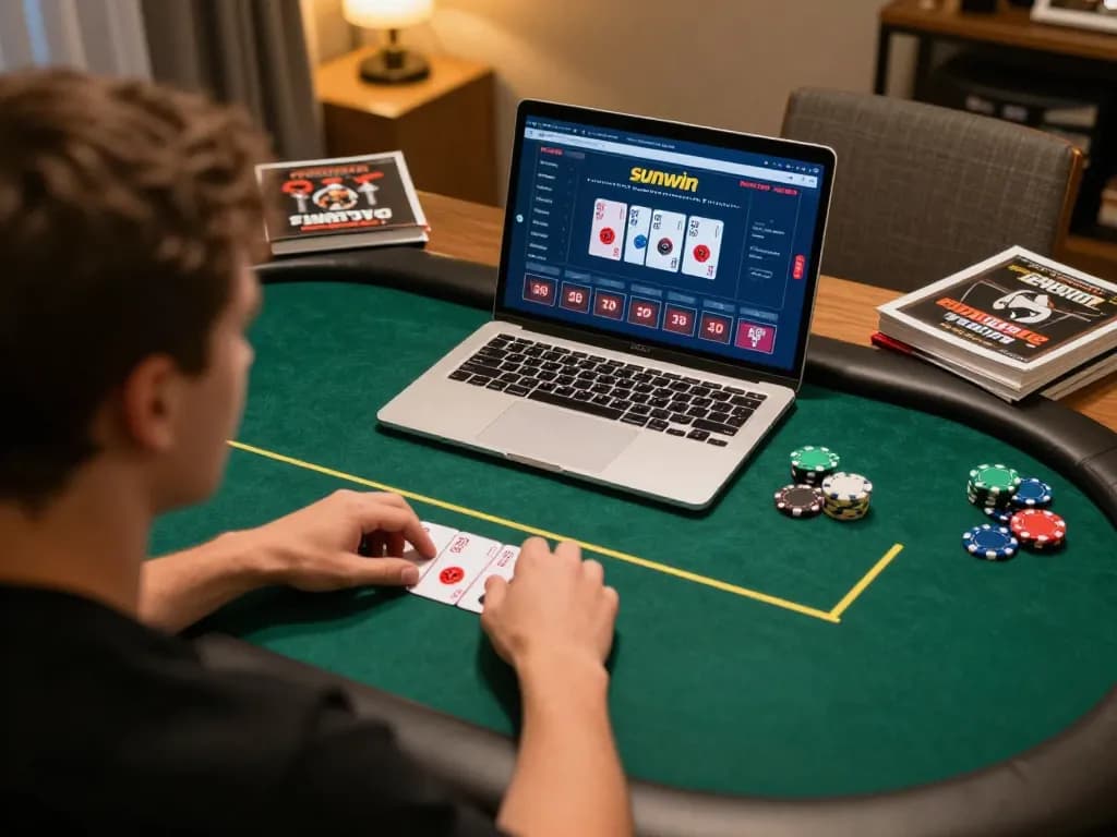 sunwin players engaging in an online poker game while strategizing at home with cozy lighting