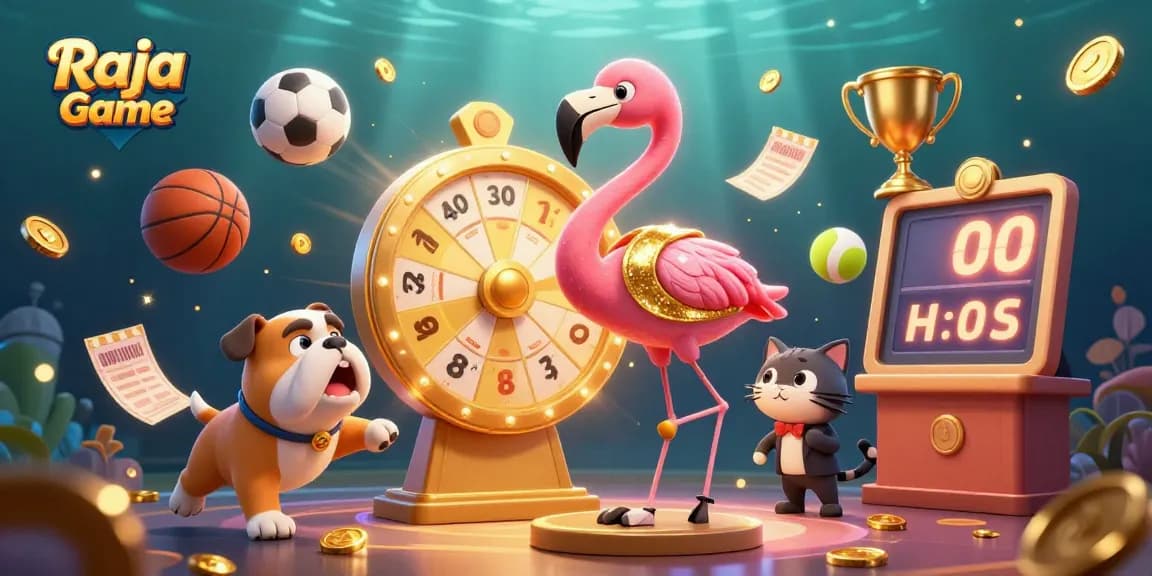 Engage with the dynamic Raja Game, featuring a flamingo game show host spinning a prize wheel with sports action.