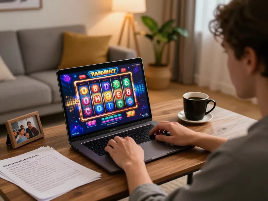 Engaged player spins the colorful TA88 slot machine reels in a cozy home gaming setup.