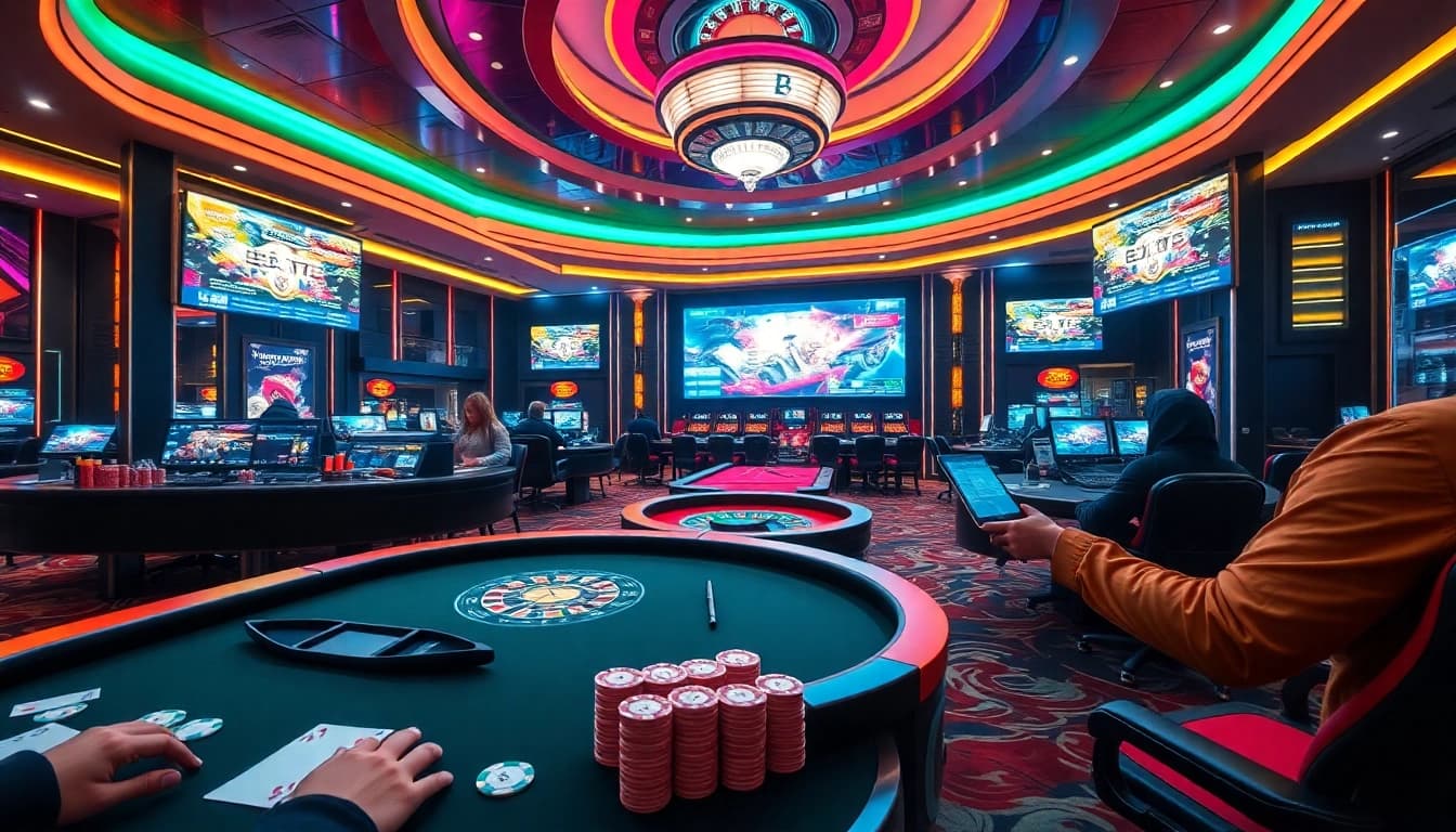E1 Sport Counter Strike betting scene with casino tables and live tournament screens.