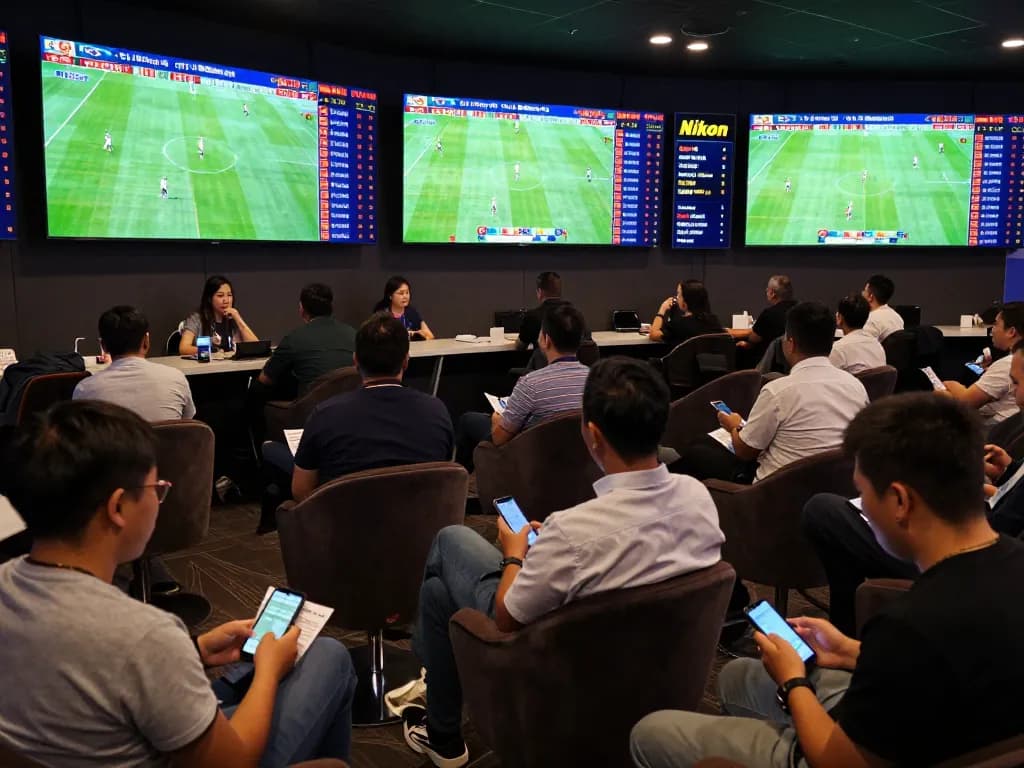 Fans eagerly placing bets while watching Tỷ Lệ Bóng Đá updates in a lively sports betting lounge