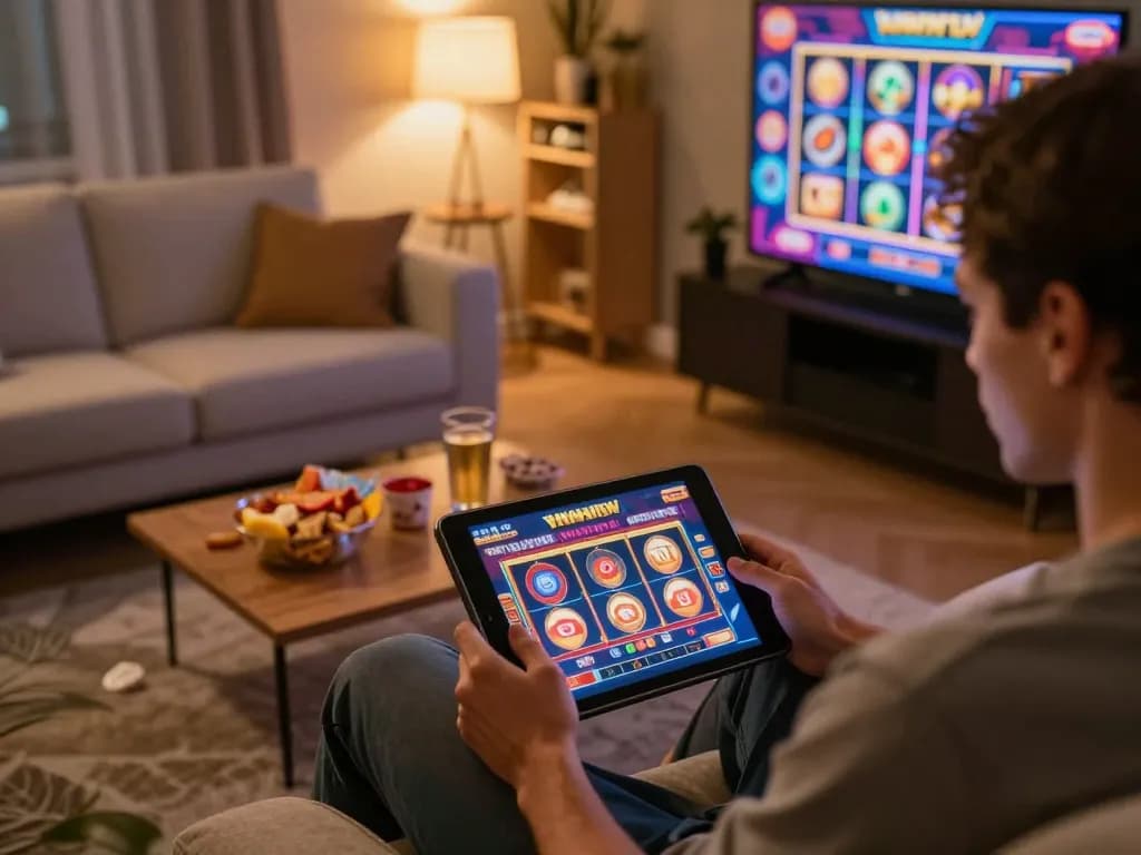 Engaging with a Chatgpt caricature-inspired online casino game on a tablet.
