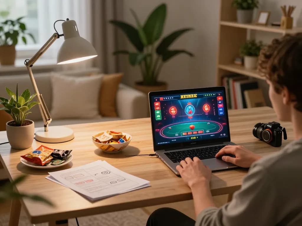Engaging in a thrilling vipwin poker game from a stylish home setup, with strategy notes and cozy ambiance.