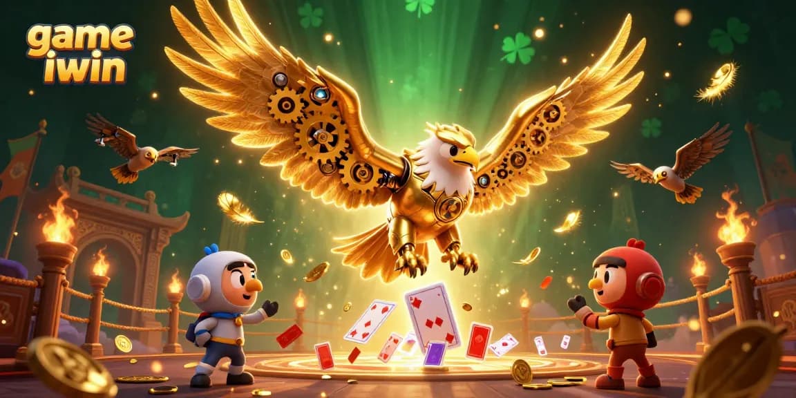 Experience the thrill of game iwin as the golden eagle dives through vibrant holographic cards in a rich casino scene.
