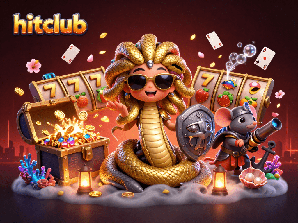 Experience winning strategies at hitclub with Medusa and a warrior mouse in an action-packed casino scene.