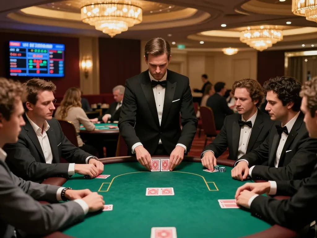 Players engaging in a tense poker game at okwin's luxury casino, showcasing excitement and strategy.