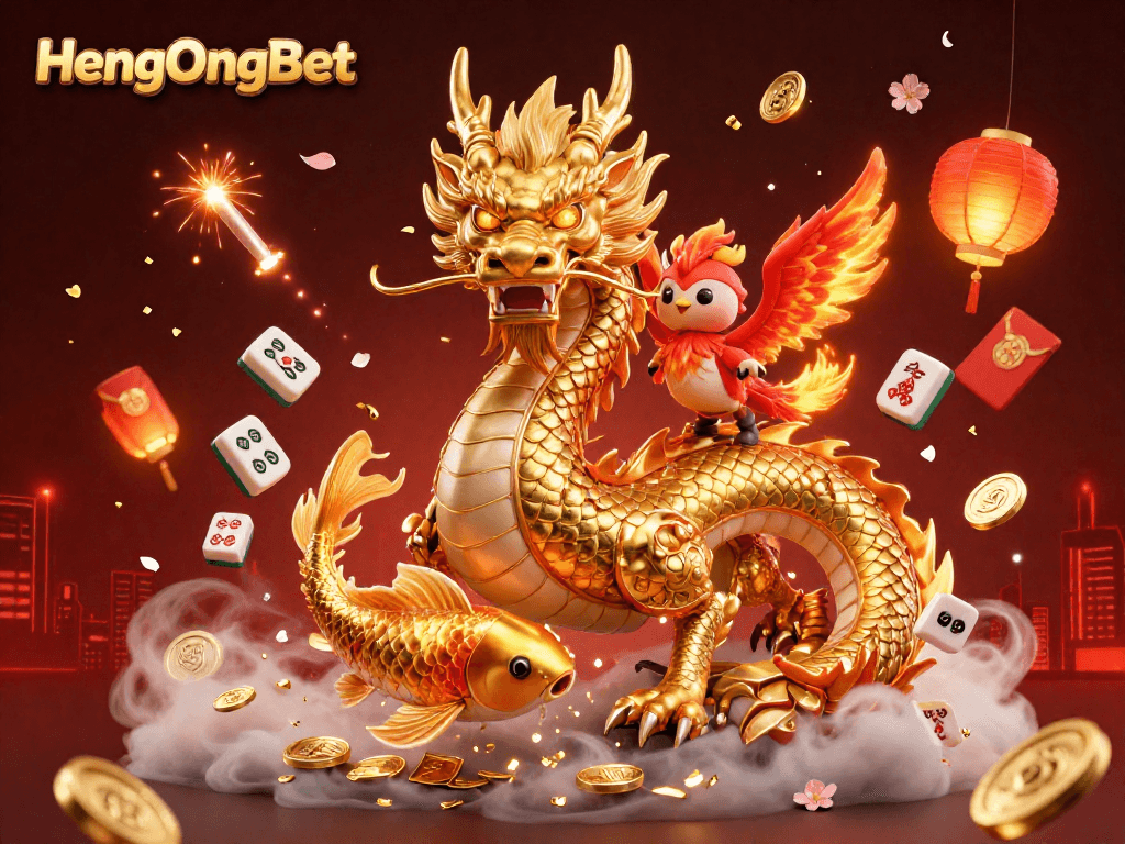 HengOngBet showcases exhilarating gambling with a golden dragon, phoenix, and koi fish in an ultra-detailed 3D scene.