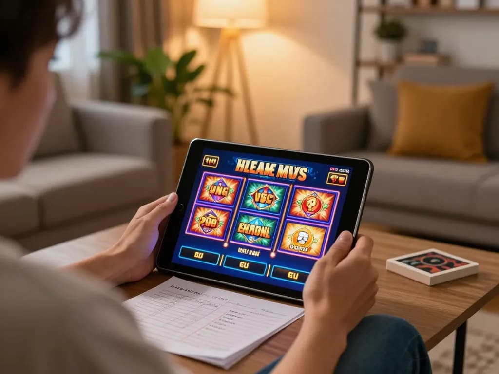 Menggunakan permainan slot di tablet di rumah dalam ruang tamu yang nyaman.