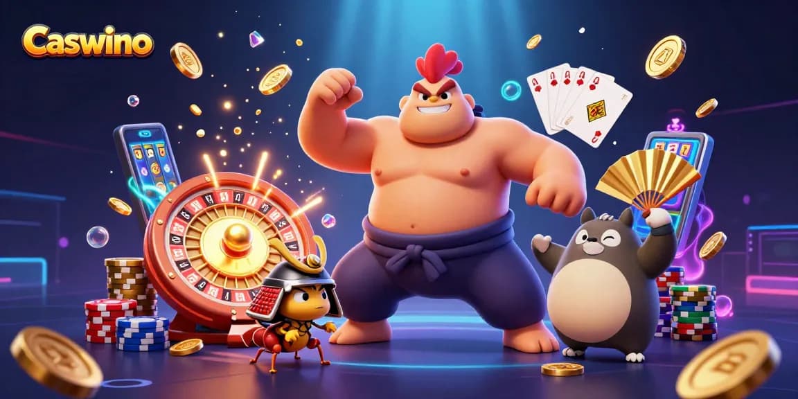 Experience the excitement of Caswino with a powerful sumo rooster and samurai cricket in a dynamic casino scene.