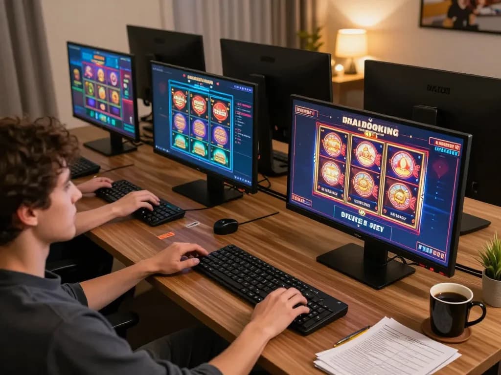 Player enjoying hi88s online gaming with vibrant slot screens and strategic notes.