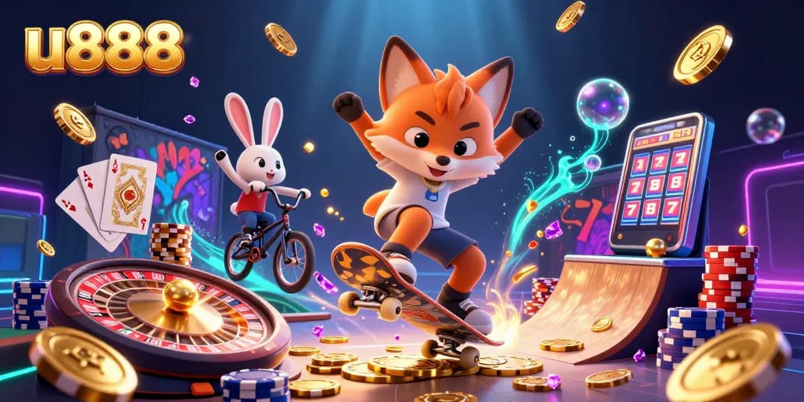 Experience thrilling wins at u888 with an action-packed casino scene featuring vibrant games and dynamic characters.