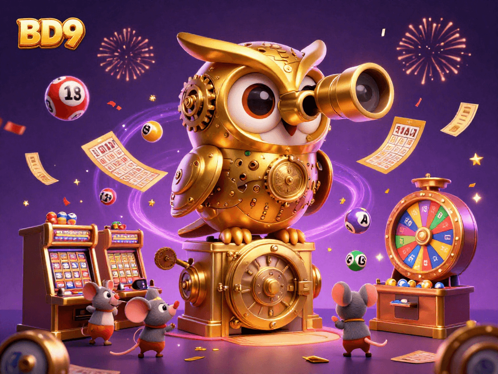 Engage in exciting gameplay at BD9 with a golden owl overseeing a vibrant online casino scene.