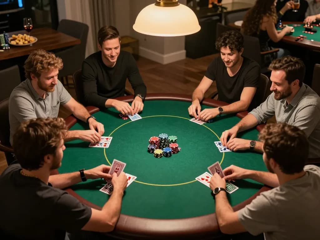 Players enjoy a lively poker night at home, strategizing their game with lucks8