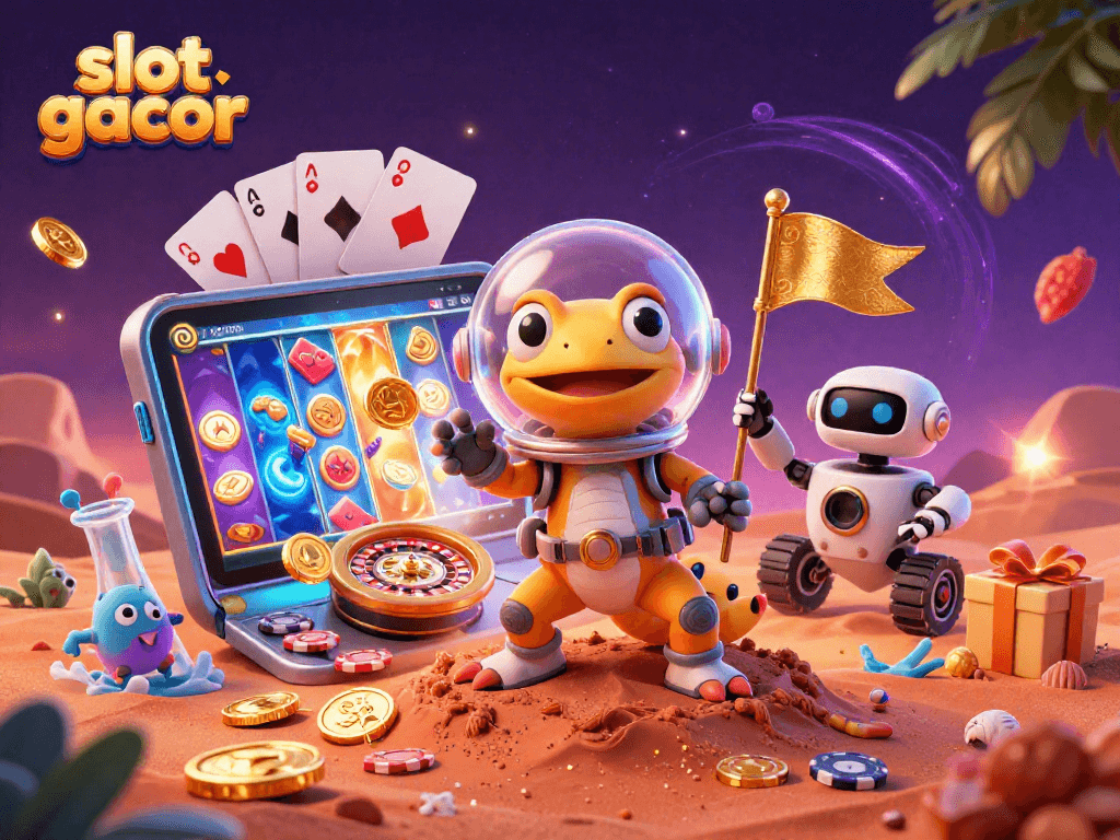 Experience slot gacor excitement with a cartoon Martian and casino treasures in vibrant 3D.