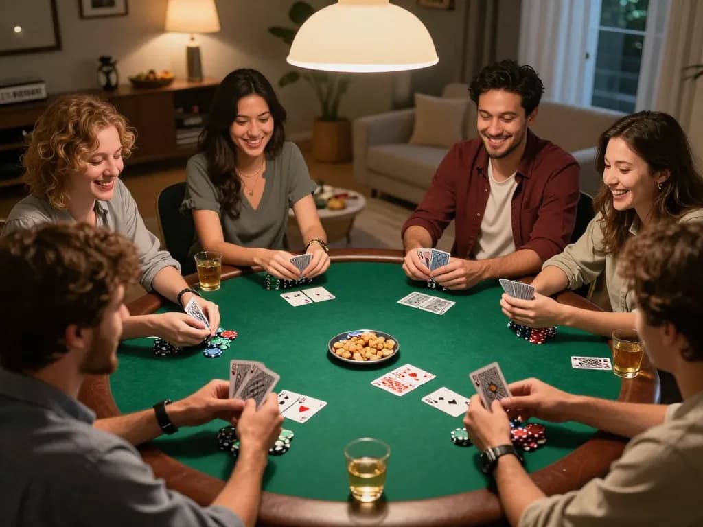 KONG88 players enjoying a lively poker night at home, showcasing cards and chips in a friendly competition.