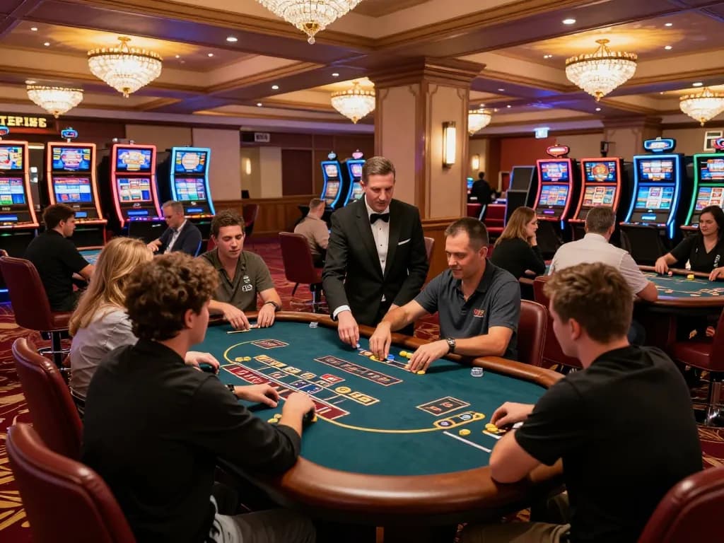 Players enjoying B52 poker action at a lively casino table under warm ambient lighting.
