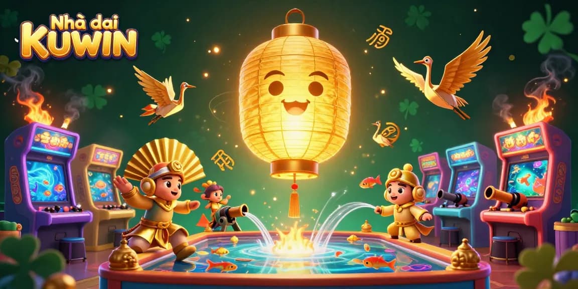 Experience the excitement of Nhà cái KUWIN with vibrant fish shooting game action and captivating golden elements.