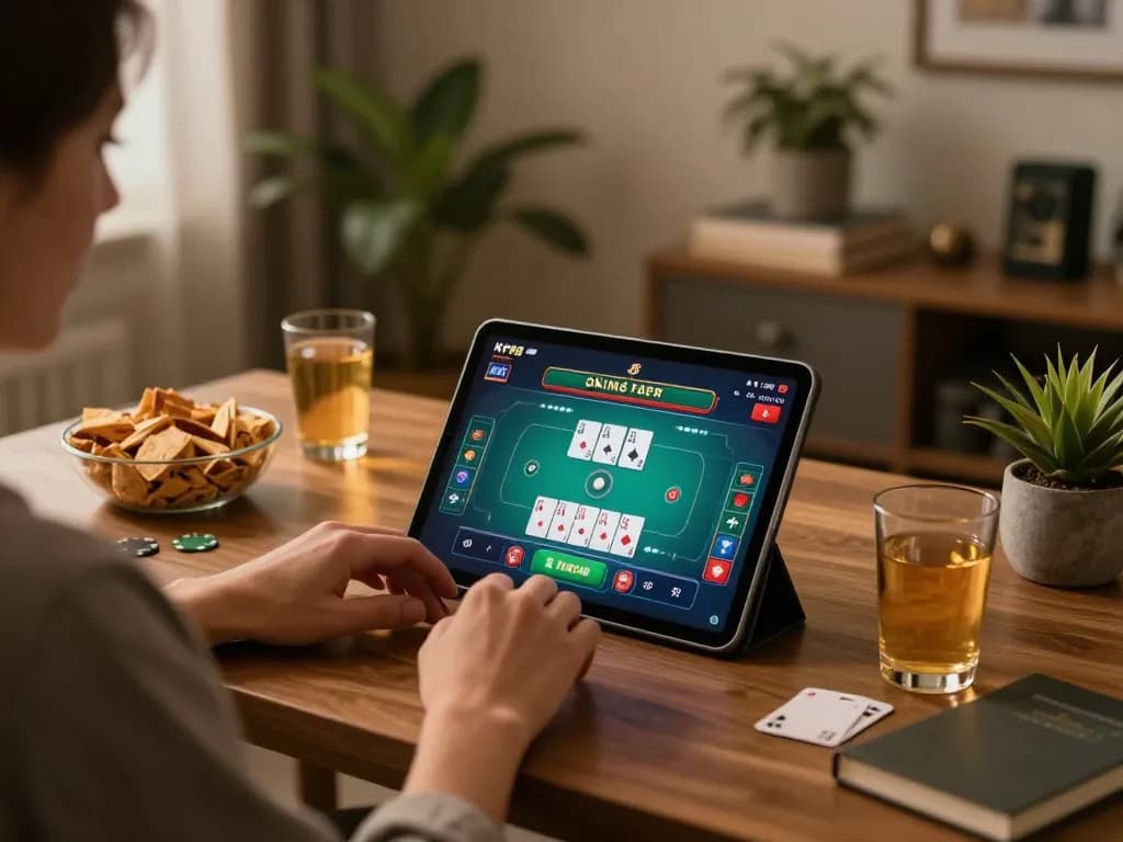 Engaging in KP88 online gaming with a tablet, showcasing strategic poker gameplay in a cozy home setting.