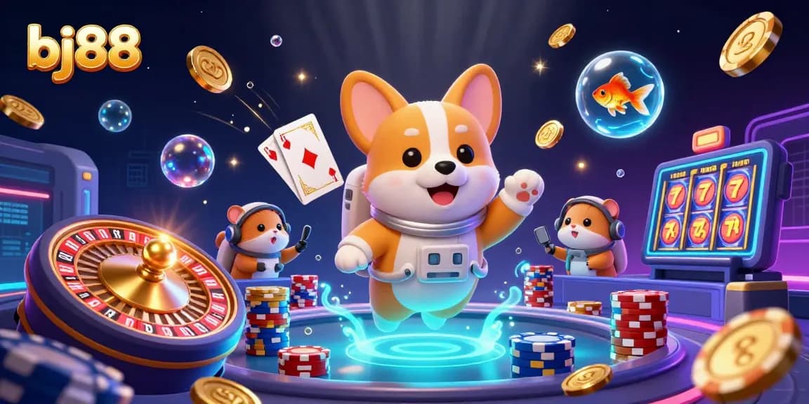 Experience excitement at bj88 with a corgi astronaut in a vibrant space casino scene.