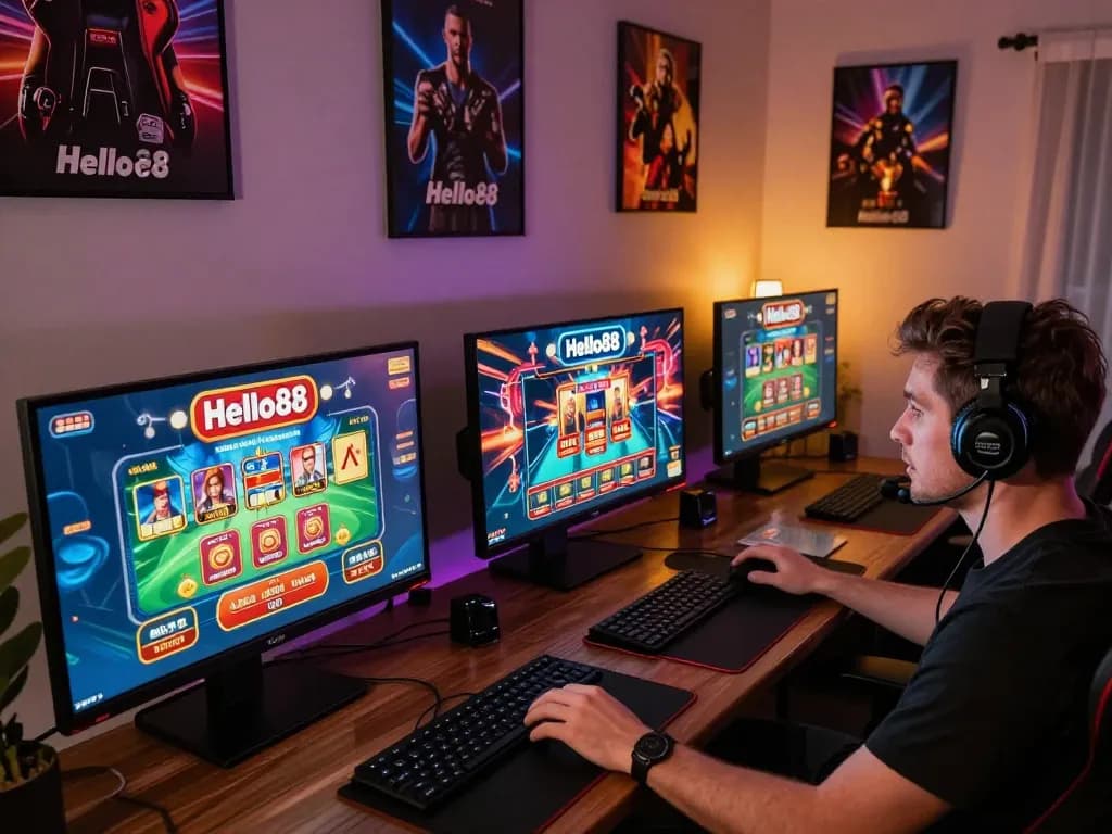 Hello88 players engaged in dynamic online gaming setup with multiple screens displaying casino games.