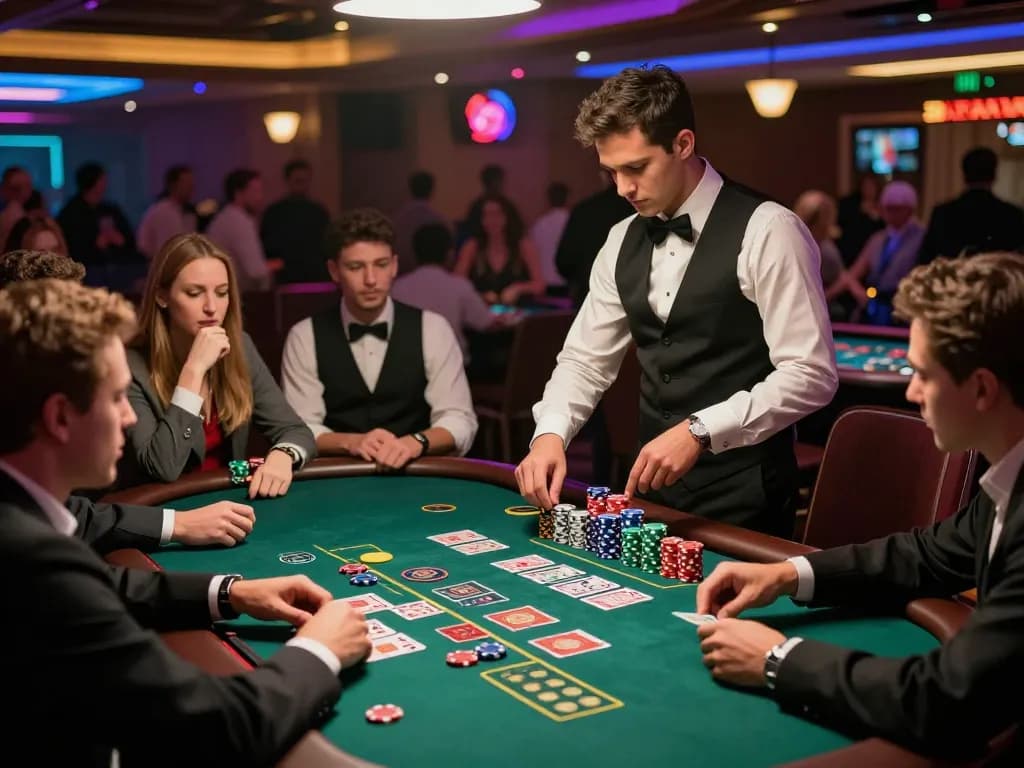 Players engaged in strategic gameplay at Fokus777 blackjack table in upscale casino, showcasing excitement and focused attention.