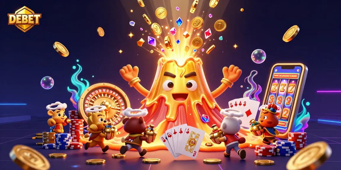 Engage with DEBET as animated gold coins and treasures explode from a jubilant volcano in this lively casino scene.