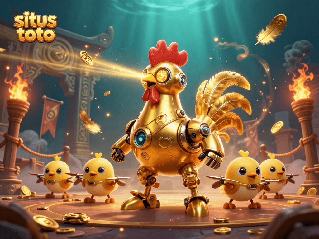 Situs toto features a golden rooster robot shooting lasers, surrounded by dynamic betting elements and rich colors.