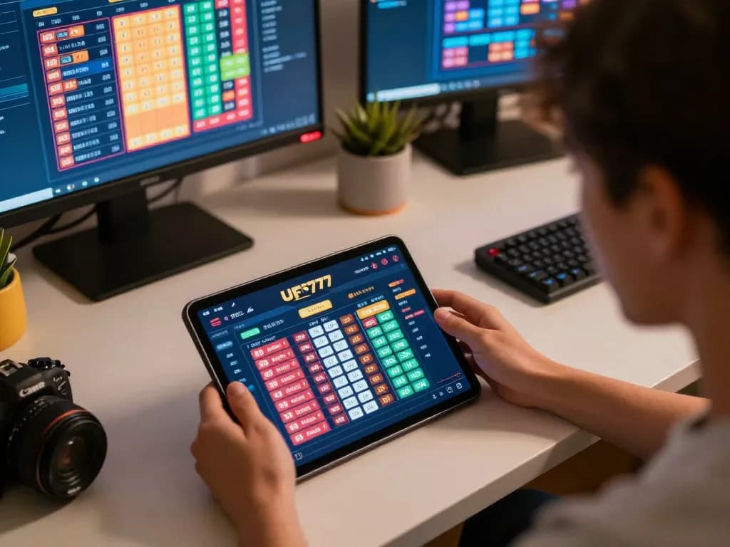Ufo777 user engaging with real-time lottery results on a tablet, showcasing strategic online gaming experience.