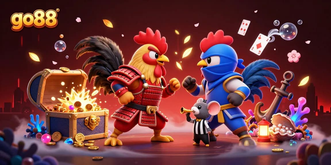 Compete in the go88 arena where roosters battle amidst treasures and dynamic casino elements.