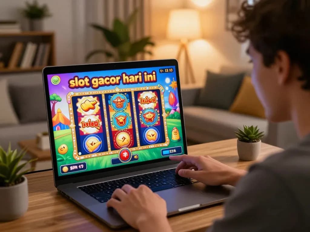 Player enjoying slot gacor hari ini on laptop in cozy home environment, showcasing vibrant graphics and excitement.