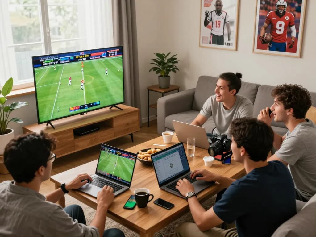 Friends engaged in live sports betting using laptops and smartphones during an exciting football match, showcasing tylebongda insights and strategies